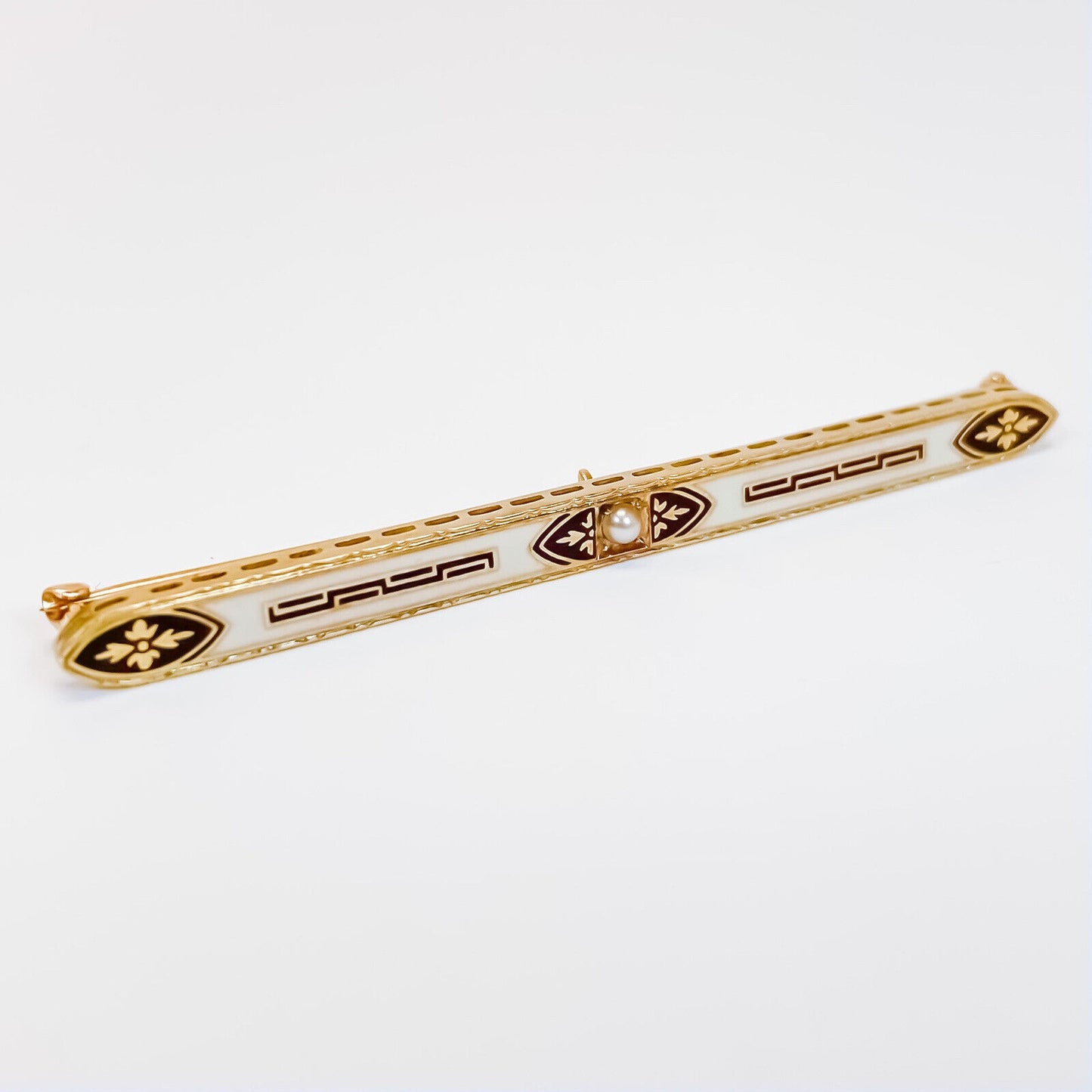 ANTIQUE • Victorian 14k Yellow Gold Taille d’Epargne Enamel & Pearl Bar Brooch