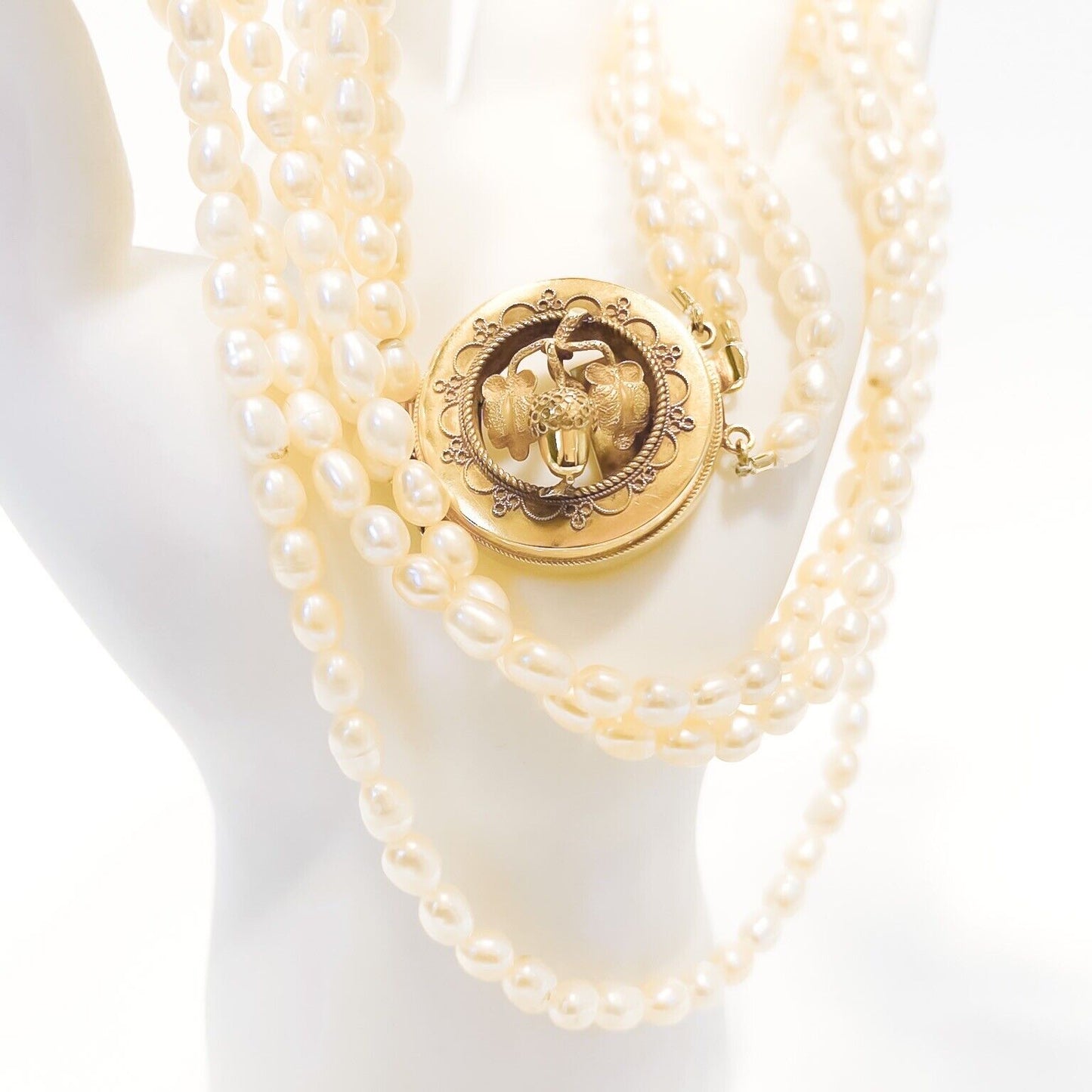 ANTIQUE • Victorian Triple Strand Freshwater Pearl Necklace w/ 14k Etruscan Style Acorn Clasp