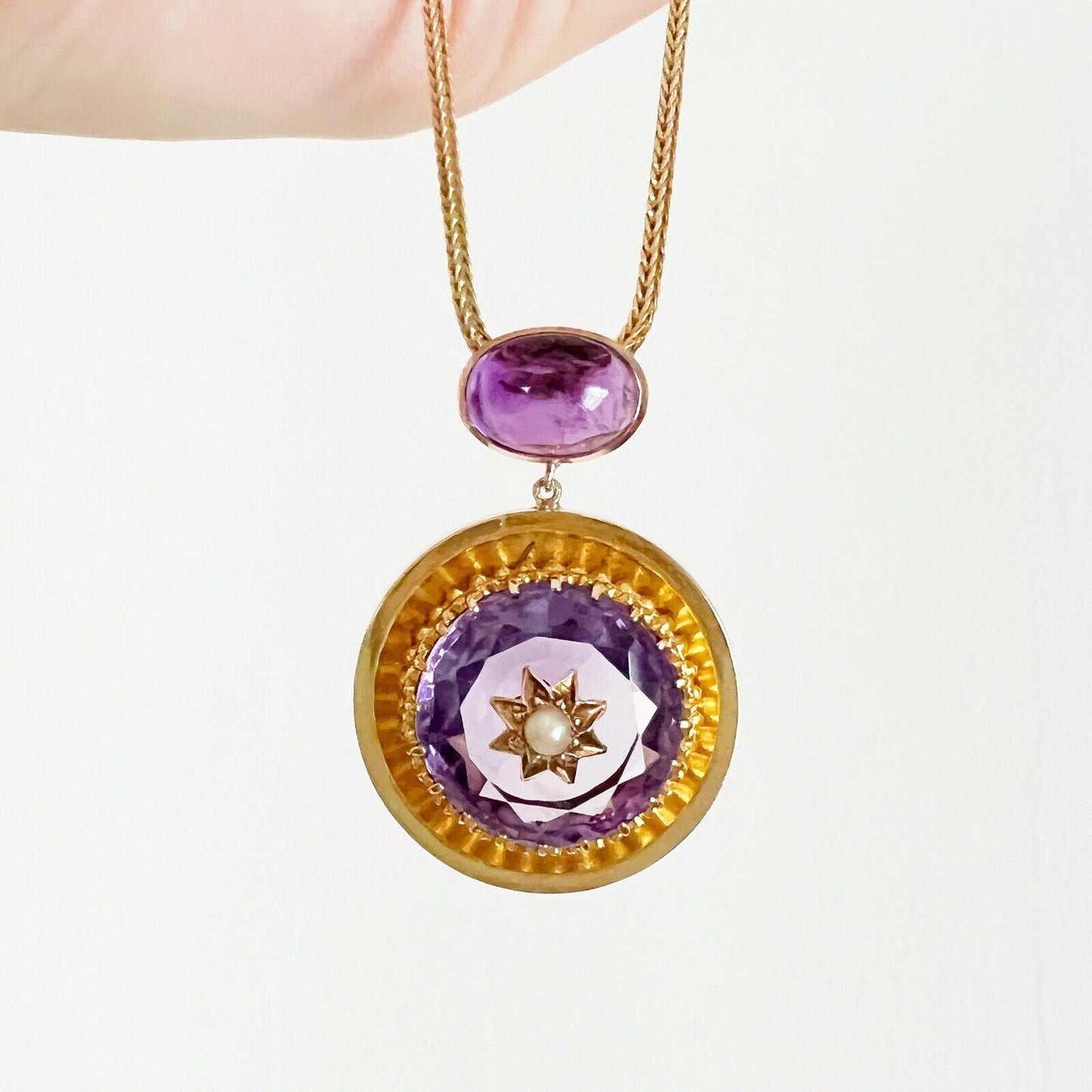 ANTIQUE • Victorian 18k Yellow Gold Amethyst w/ Seed Pearl Starbust Pendant