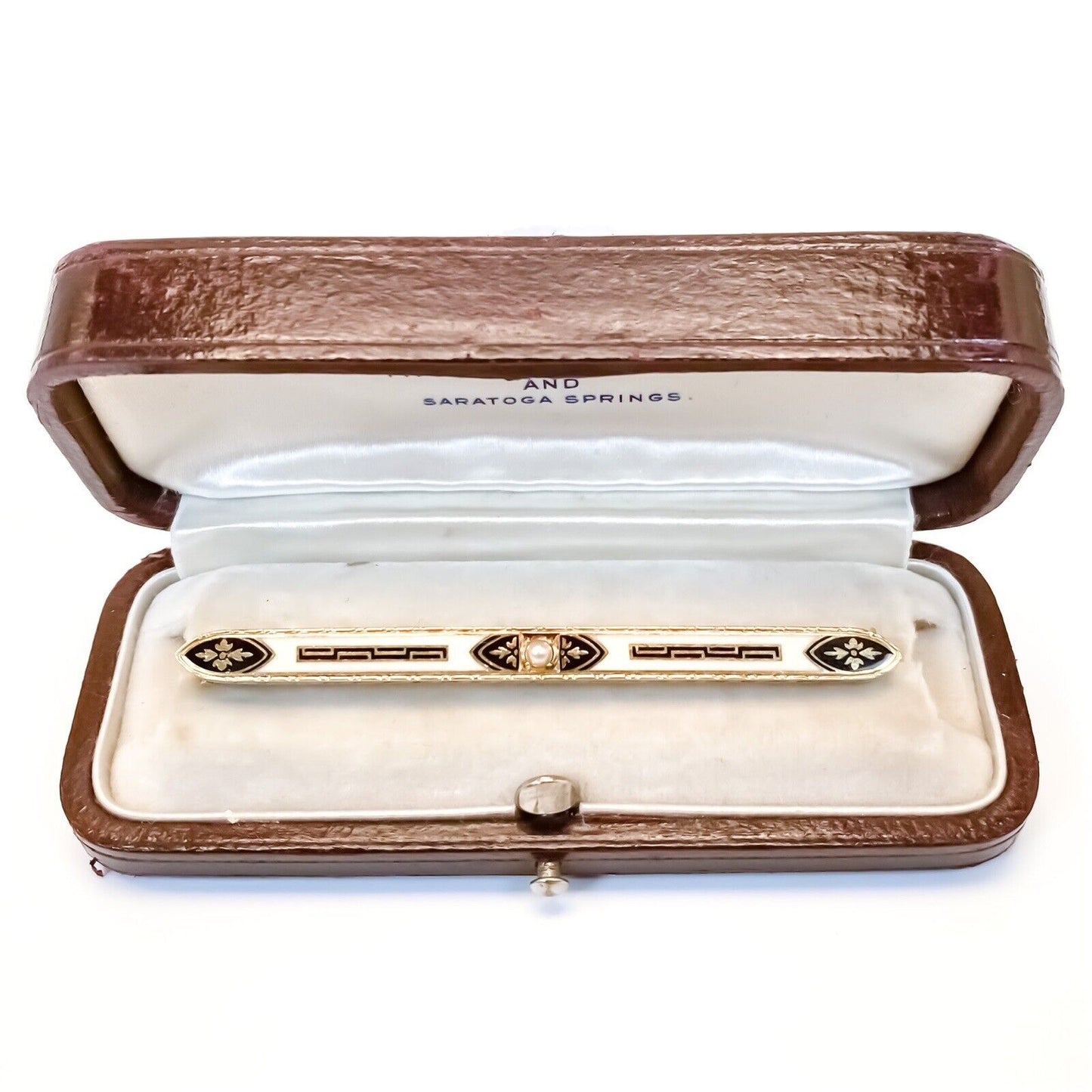 ANTIQUE • Victorian 14k Yellow Gold Taille d’Epargne Enamel & Pearl Bar Brooch