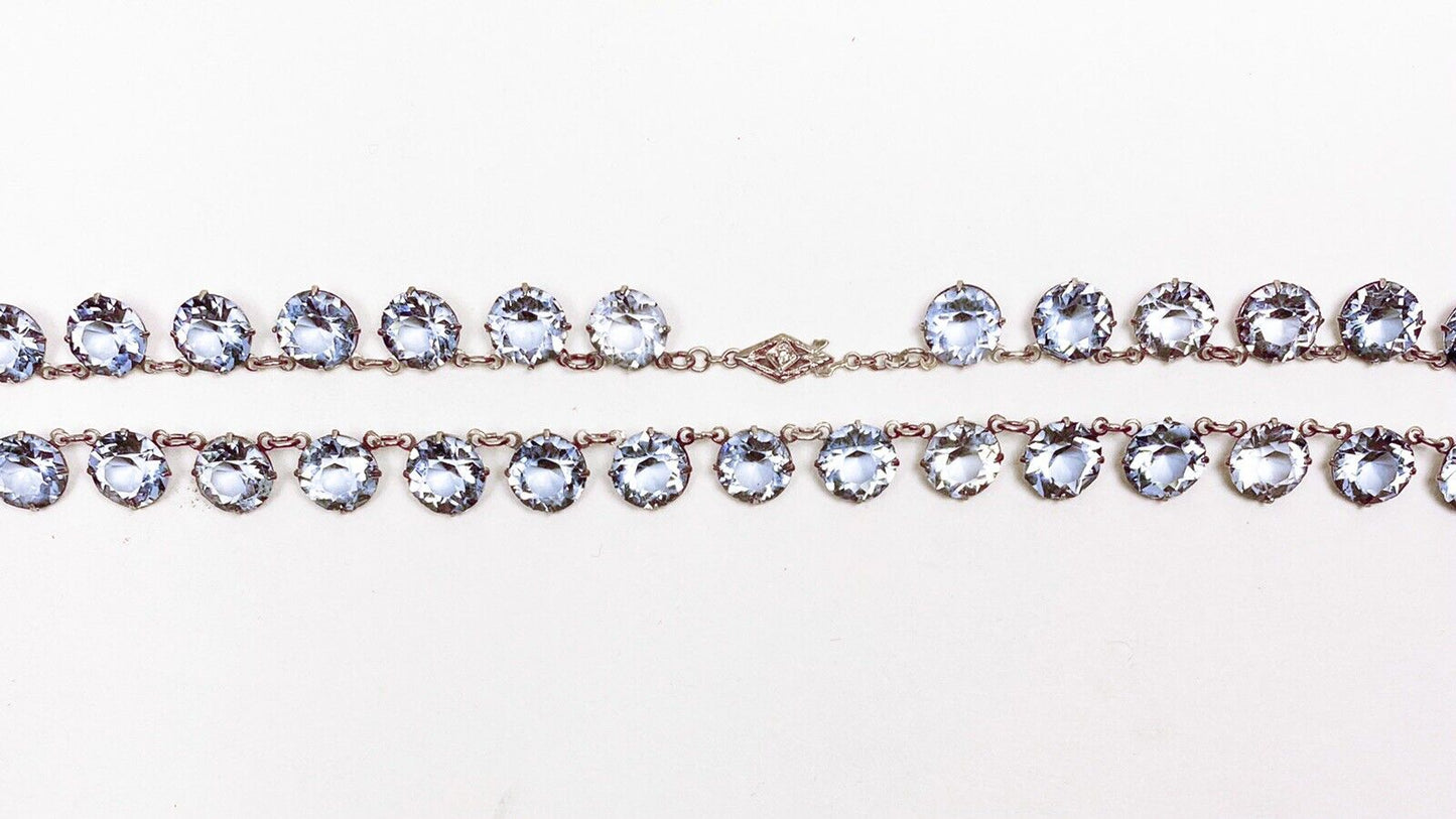 ANTIQUE • Art Deco Sterling Blue Paste Crystal Rivière Necklace w/ Diamond Clasp