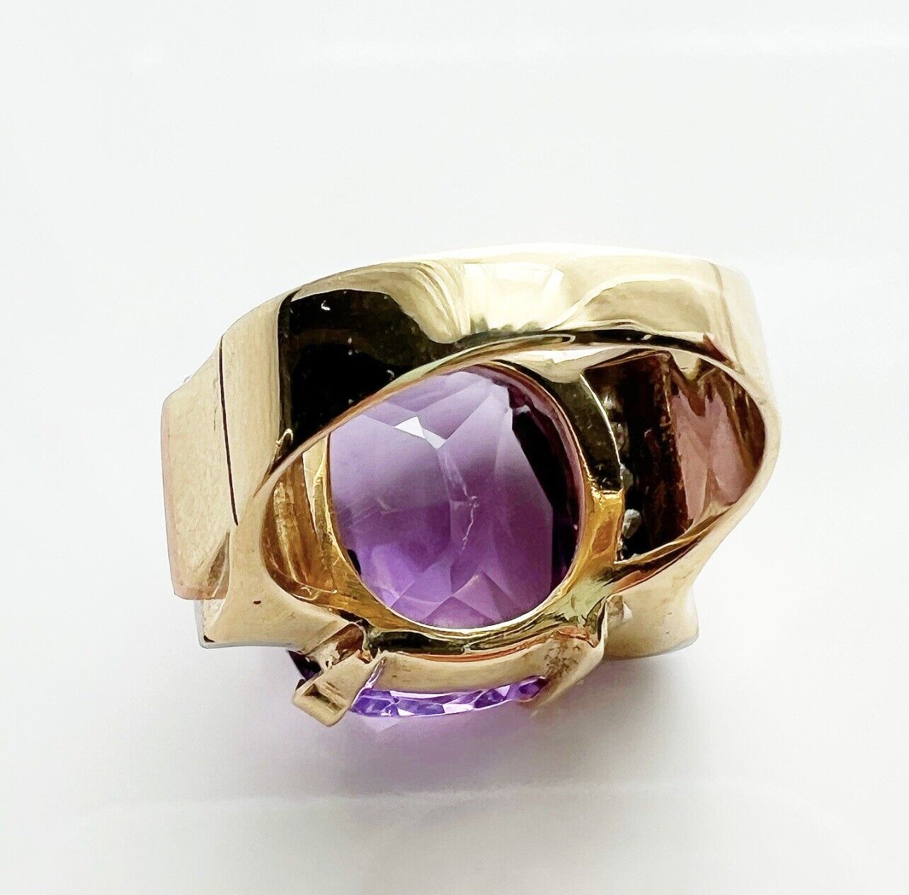 ANTIQUE • Retro 14k Gold Natural Amethyst w/ Diamond & Ruby Cocktail Tank Ring
