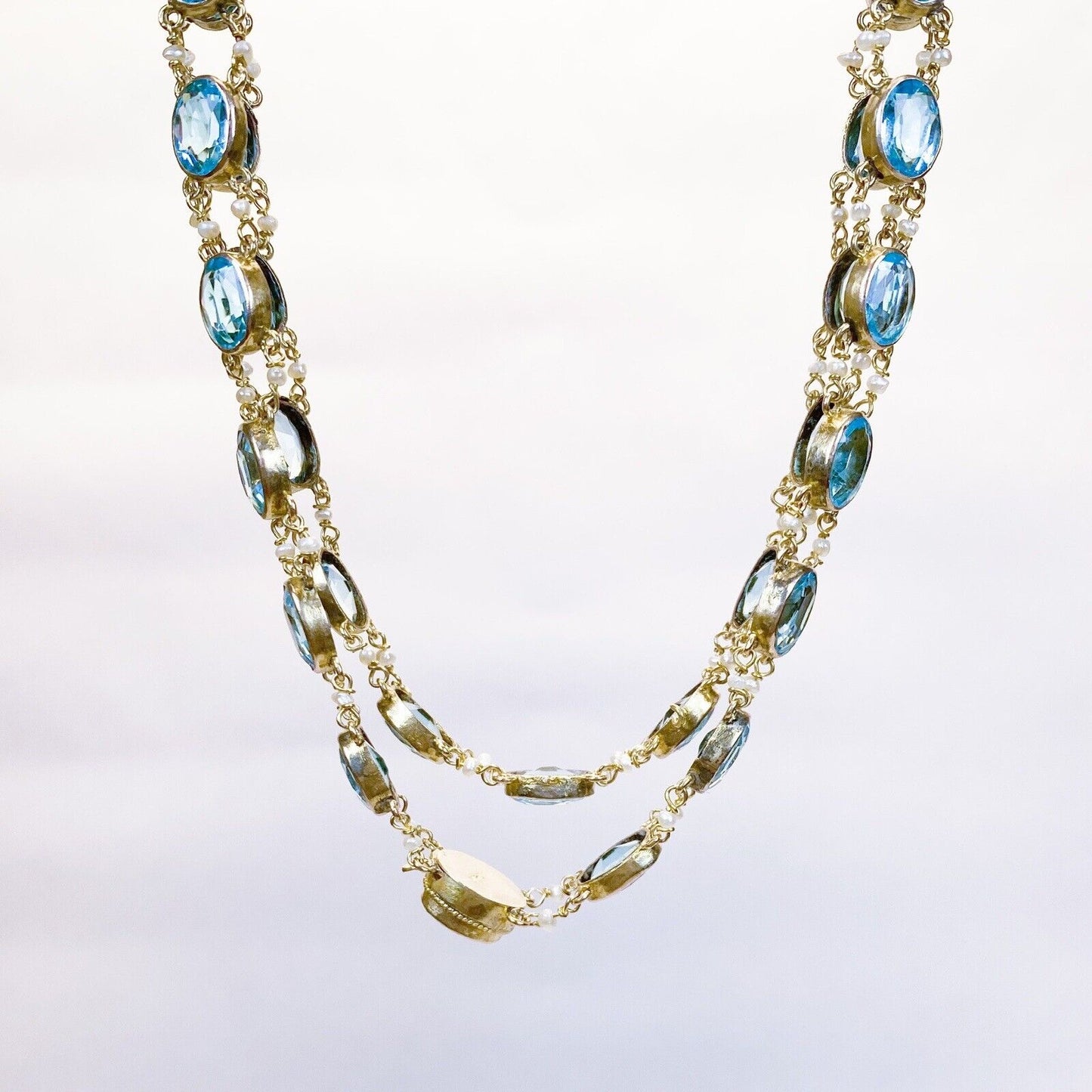 ANTIQUE • Art Nouveau 14k Gold Pearl & Aquamarine Crystal Paste Rivière Necklace