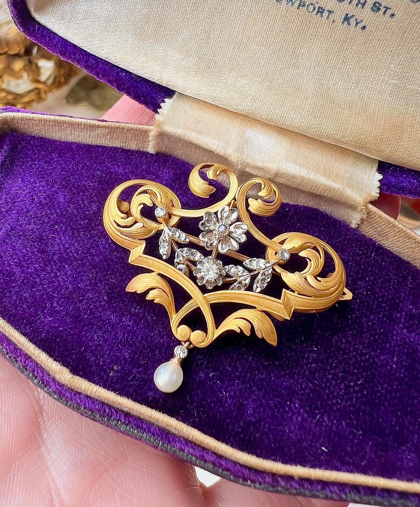 ANTIQUE • Art Nouveau French 18k Yellow Gold & Platinum w/ Diamonds Scroll Brooch Pendant