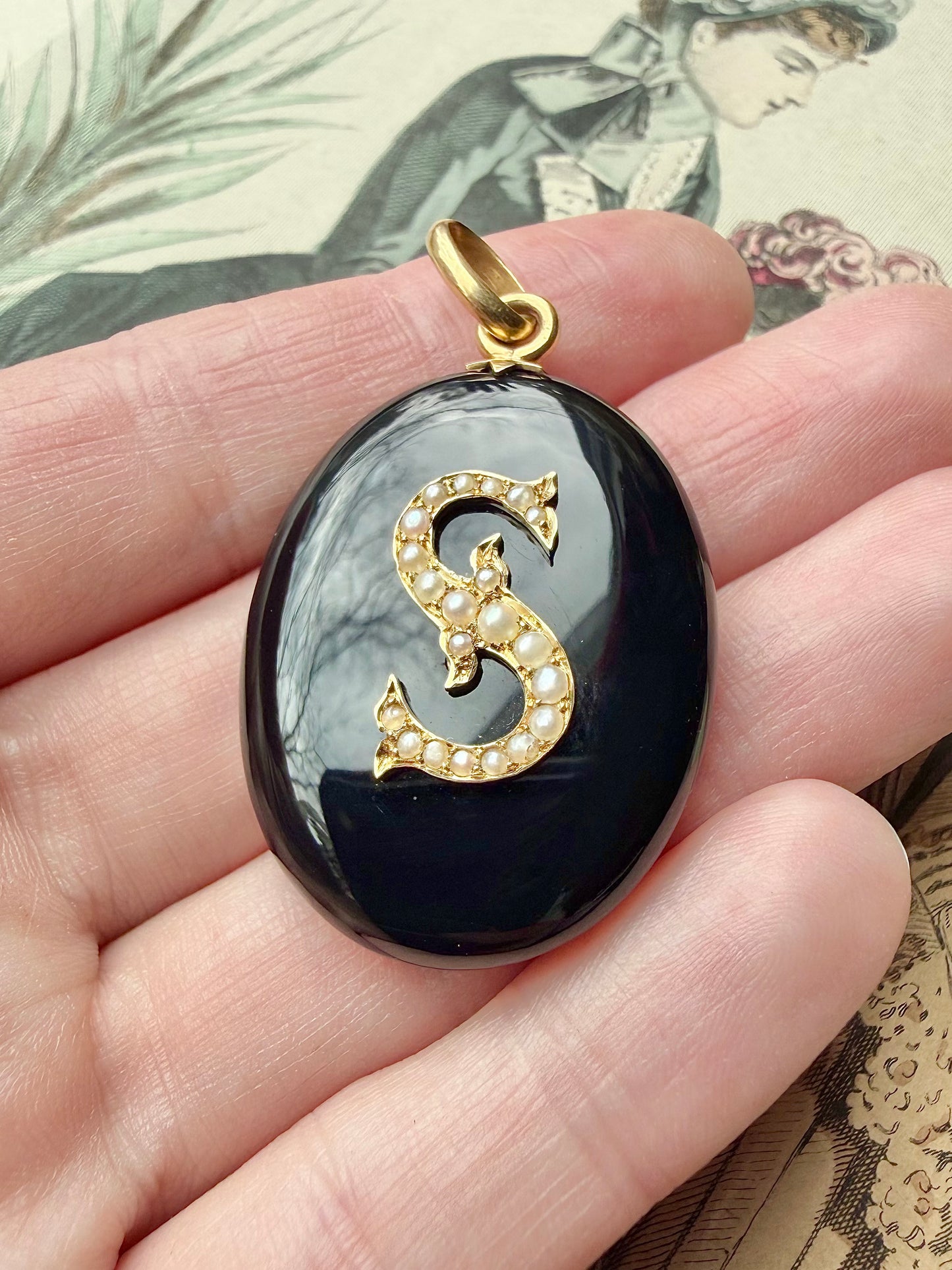 ANTIQUE • Victorian 14k Yellow Gold w/ Onyx & Seed Pearls “S” Initial Locket Pendant