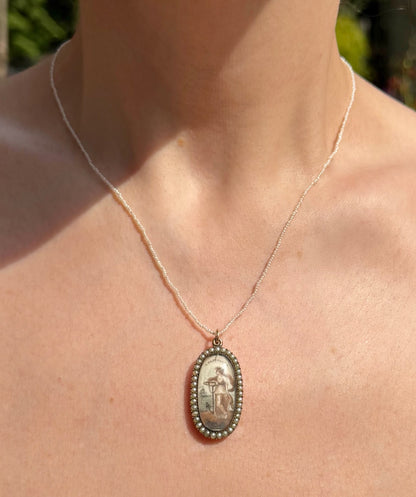 ANTIQUE • Georgian Rosy Gold Sepia & Watercolor Miniature Mourning Portrait Pendant c. 1780