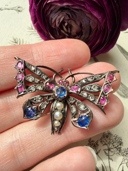 ANTIQUE • Victorian 14k Silver-Topped Yellow Gold Butterfly w/ Blue & Pink Sapphires, Diamonds & Sea Pearls Brooch Pendant