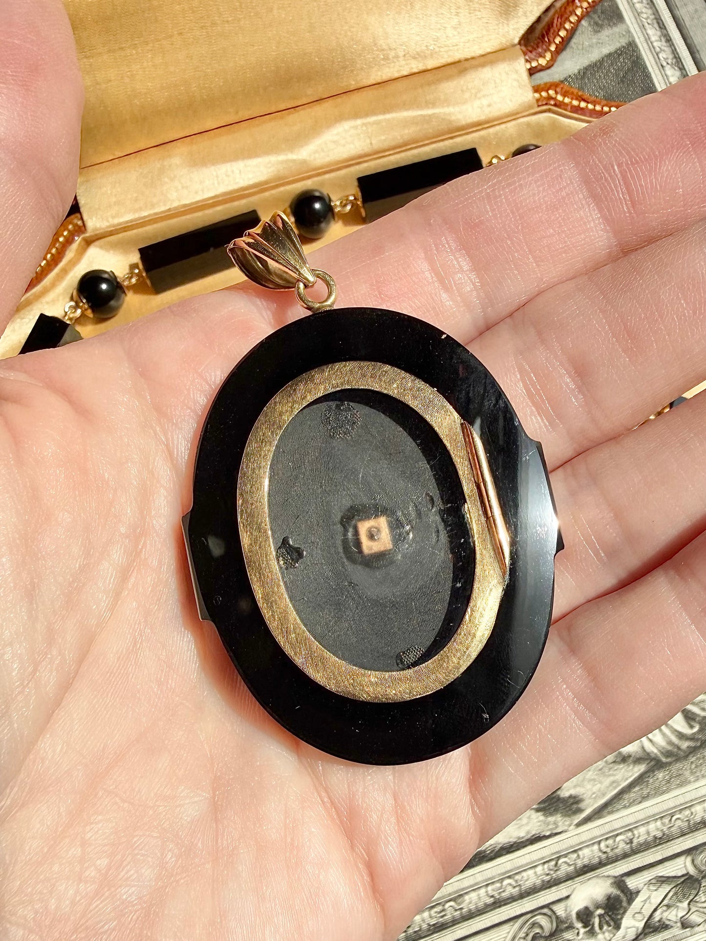 ANTIQUE • Victorian 14k Yellow Gold Onyx Mourning Necklace & Carved Locket Set w/ Pearls & Diamond