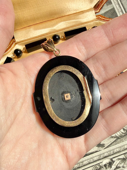 ANTIQUE • Victorian 14k Yellow Gold Onyx Mourning Necklace & Carved Locket Set w/ Pearls & Diamond
