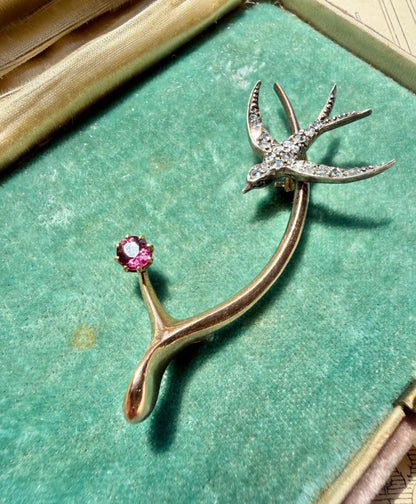 ANTIQUE • Victorian 14k Yellow Gold & Silver w/ Old Cut Diamonds & Rubies Wishbone Swallow Brooch