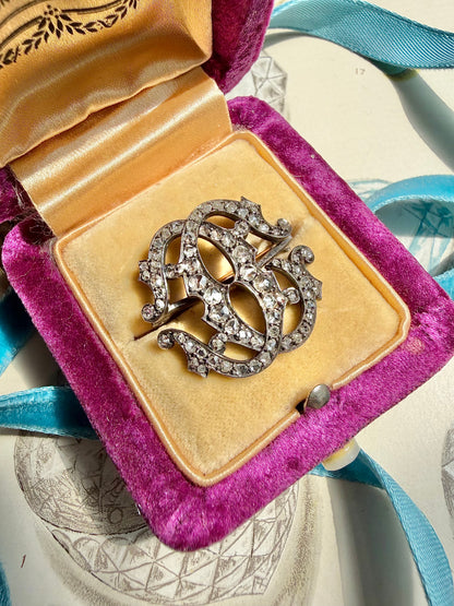 ANTIQUE • Victorian 14-18k Gold & Silver w/ Old Rose Cut Diamonds Monogram Brooch