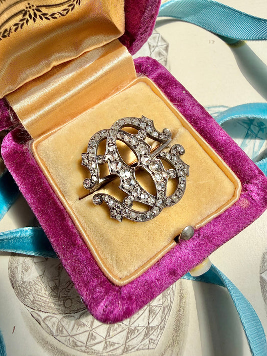 ANTIQUE • Victorian 14-18k Gold & Silver w/ Old Rose Cut Diamonds Monogram Brooch
