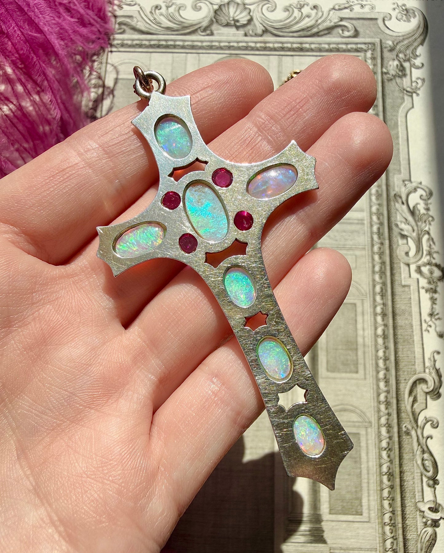 ANTIQUE • Art Nouveau Silver-Low Karat Gold w/ Australian Opal & Ruby Cross Pendant
