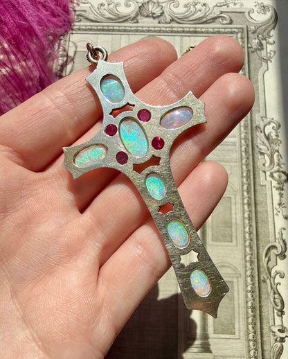 ANTIQUE • Art Nouveau Silver-Low Karat Gold w/ Australian Opal & Ruby Cross Pendant