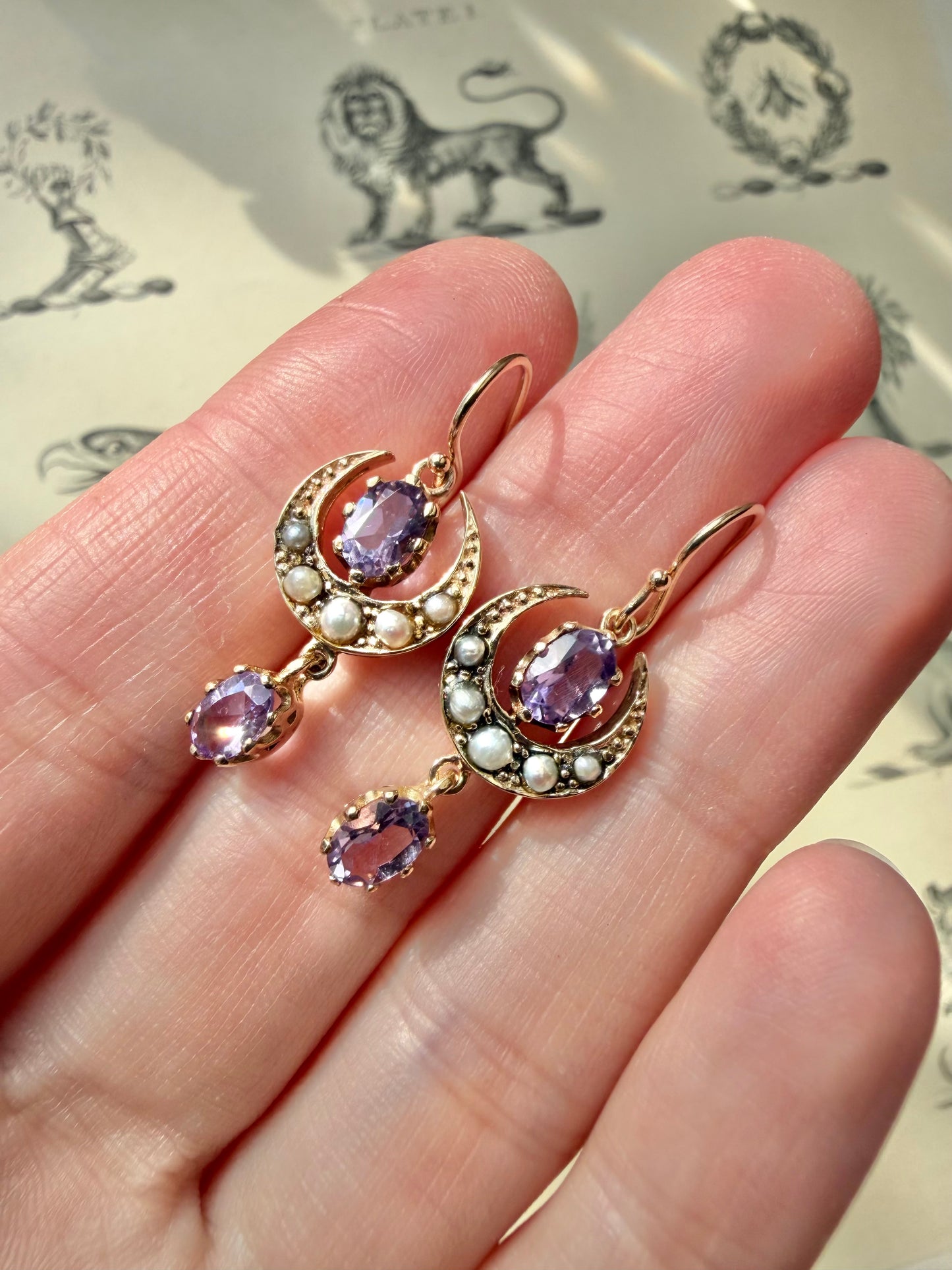 ANTIQUE • Victorian 9ct Yellow Gold w/ Amethyst & Seed Pearl Earrings
