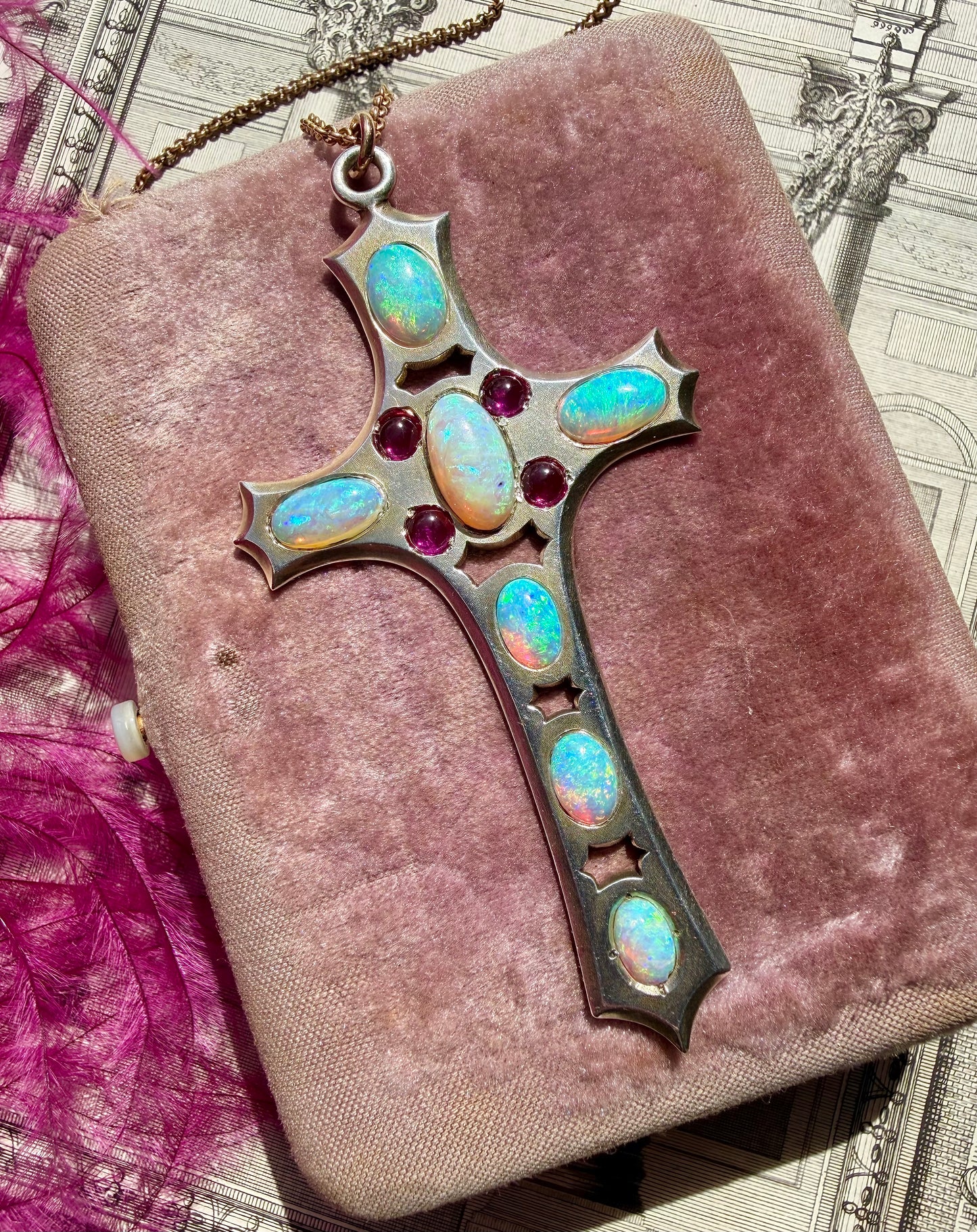 ANTIQUE • Art Nouveau Silver-Low Karat Gold w/ Australian Opal & Ruby Cross Pendant