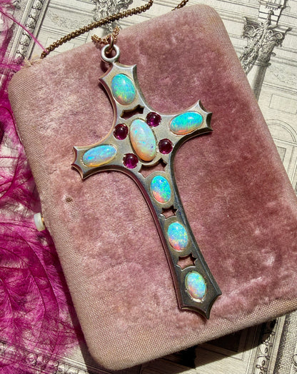 ANTIQUE • Art Nouveau Silver-Low Karat Gold w/ Australian Opal & Ruby Cross Pendant