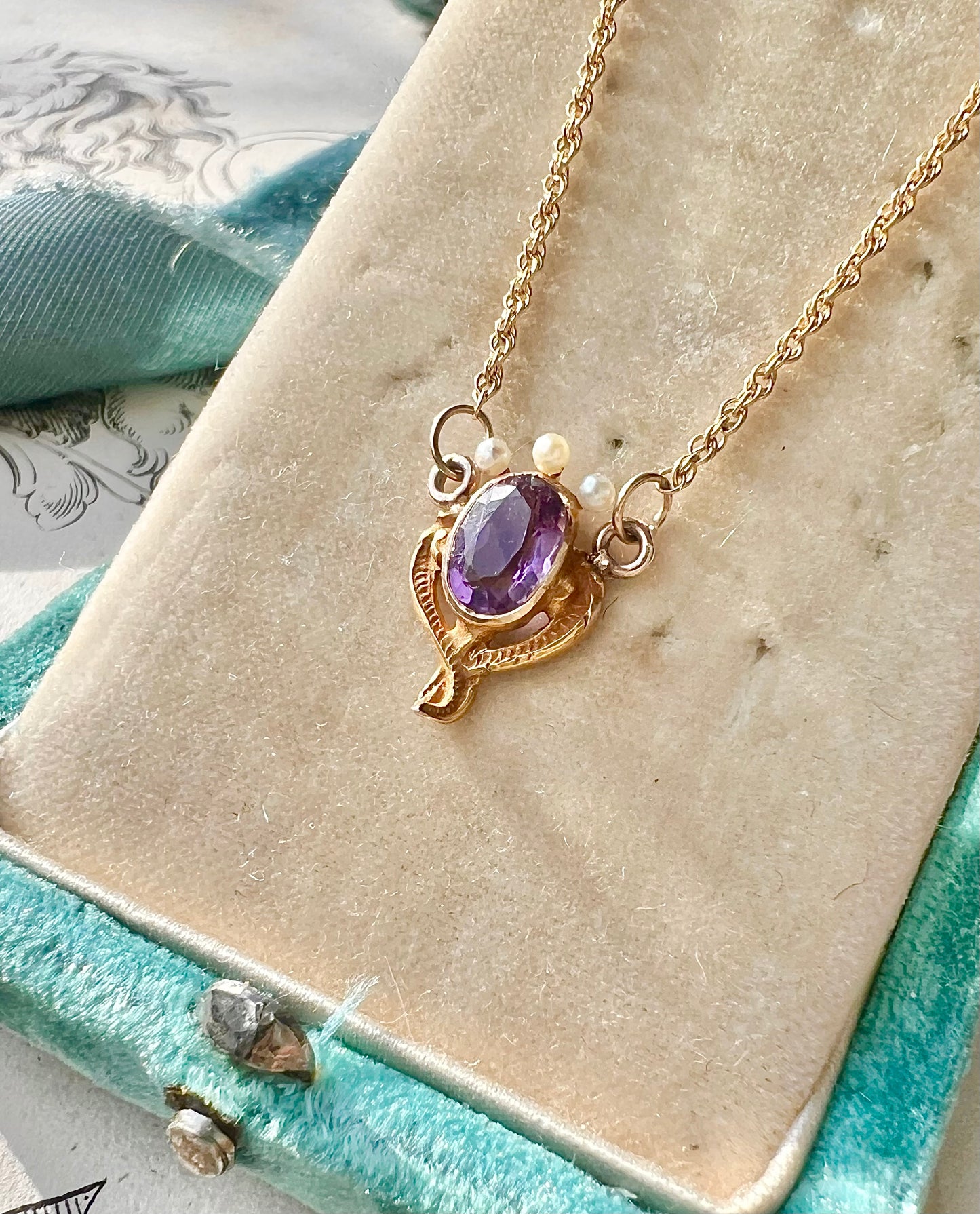 ANTIQUE • Art Nouveau 14k Yellow Gold Faceted Amethyst w/ Seed Pearl Crown Charm Necklace