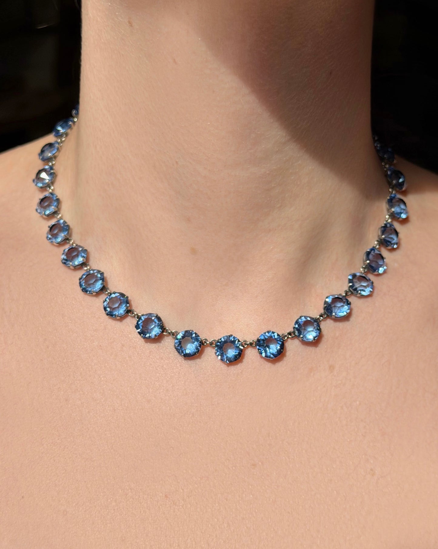 ANTIQUE • Art Deco Sterling Silver w/ Blue Sapphire Paste Rivière Necklace