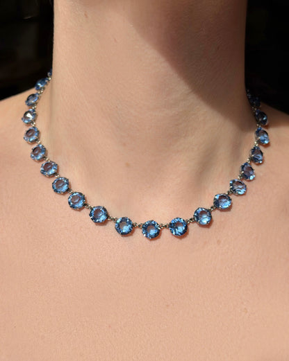 ANTIQUE • Art Deco Sterling Silver w/ Blue Sapphire Paste Rivière Necklace