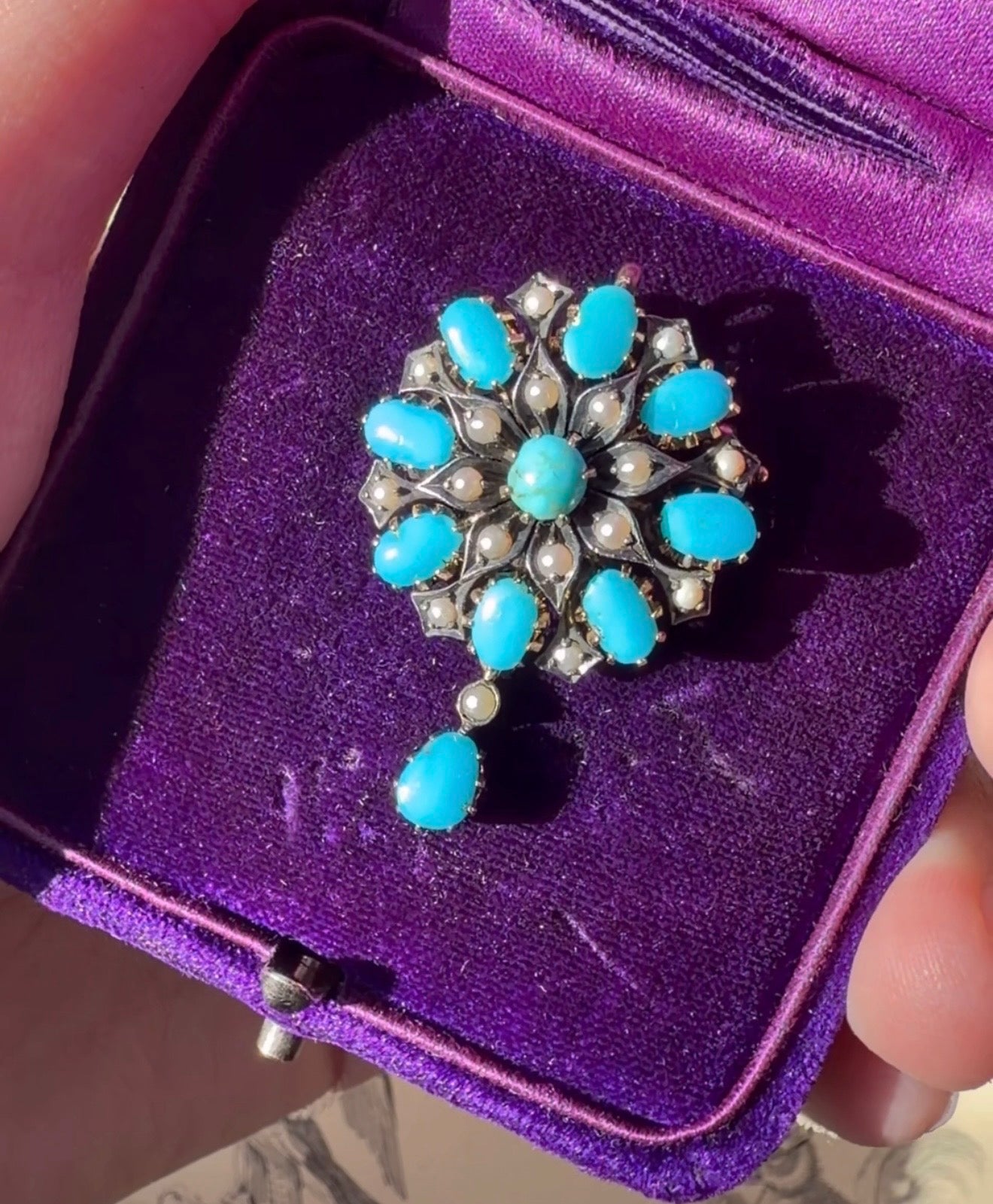 ANTIQUE • Victorian 10k Silver-Topped Yellow Gold w/ Persian Turquoise & Sea Pearl Flower Brooch Pendant