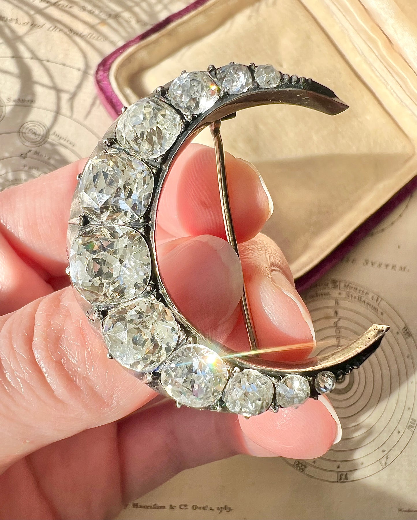 ANTIQUE • Victorian Sterling Silver w/ Cushion Cut Diamond Paste Crescent Brooch