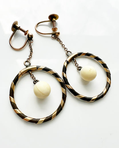 ANTIQUE • Georgian 9ct Gold Elephant Hair w/ Ivory Screw Back Hoop & Ball Dangle Earrings