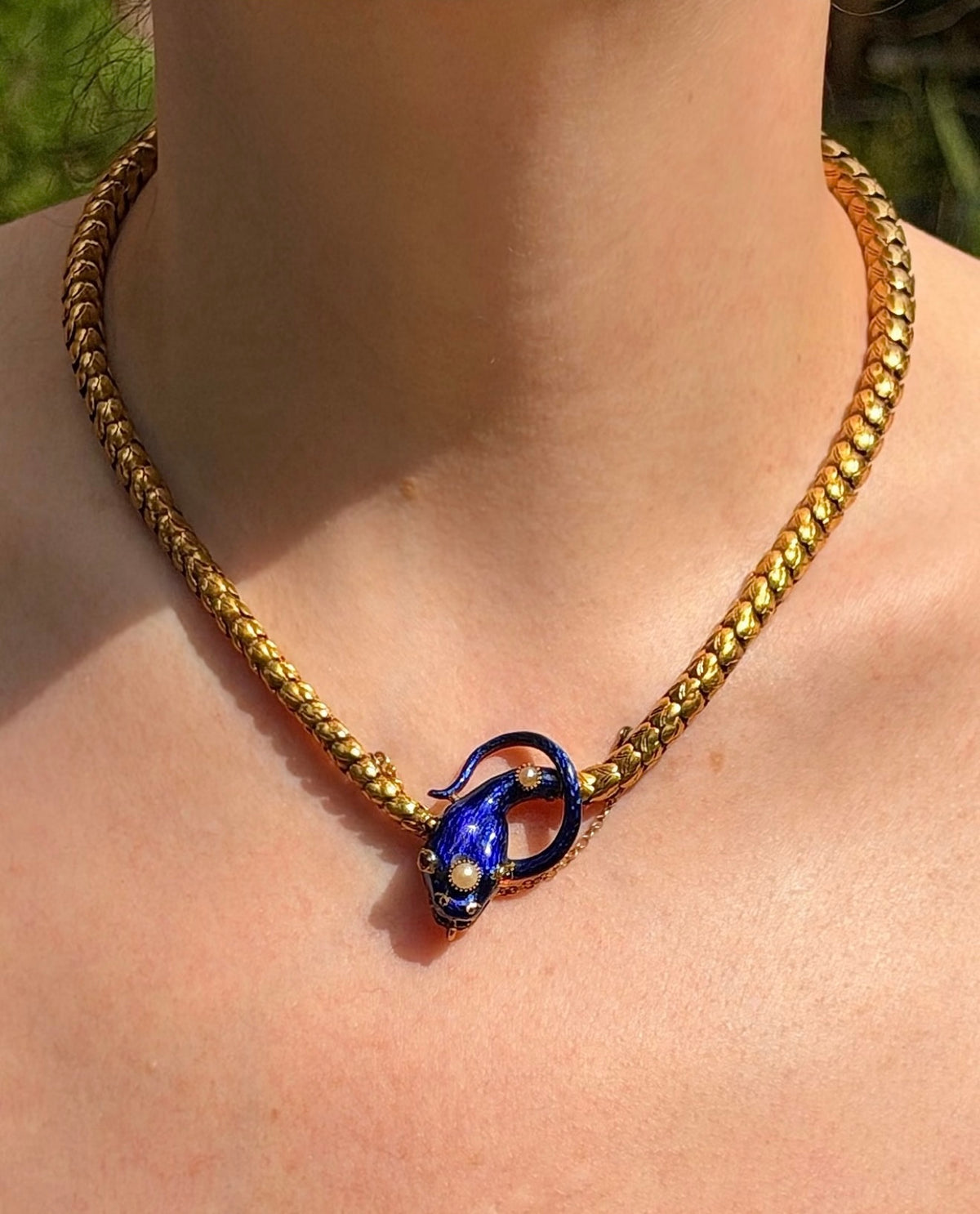 ANTIQUE • Victorian 20k Yellow Gold w/ Enamel Pearls & Ruby Snake Necklace