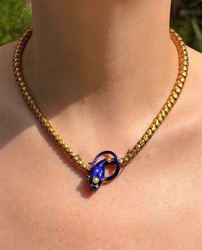 ANTIQUE • Victorian 20k Yellow Gold w/ Enamel Pearls & Ruby Snake Necklace
