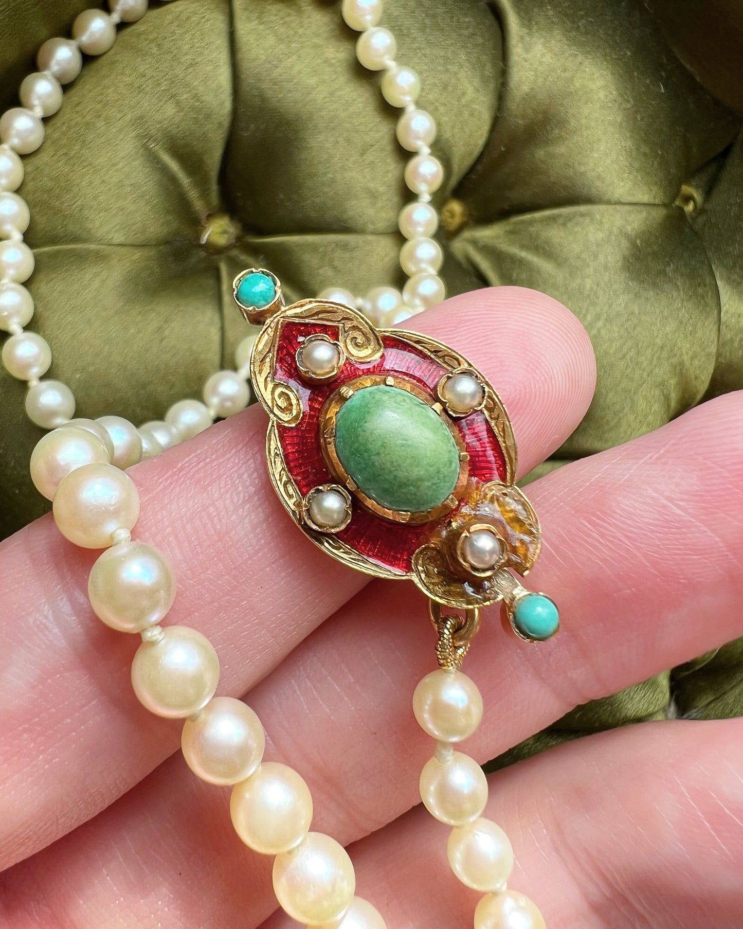 ANTIQUE • Victorian 15ct Yellow Gold Graduated Pearl Necklace w/ Turquoise, Seed Pearl & Guilloche Enamel Clasp