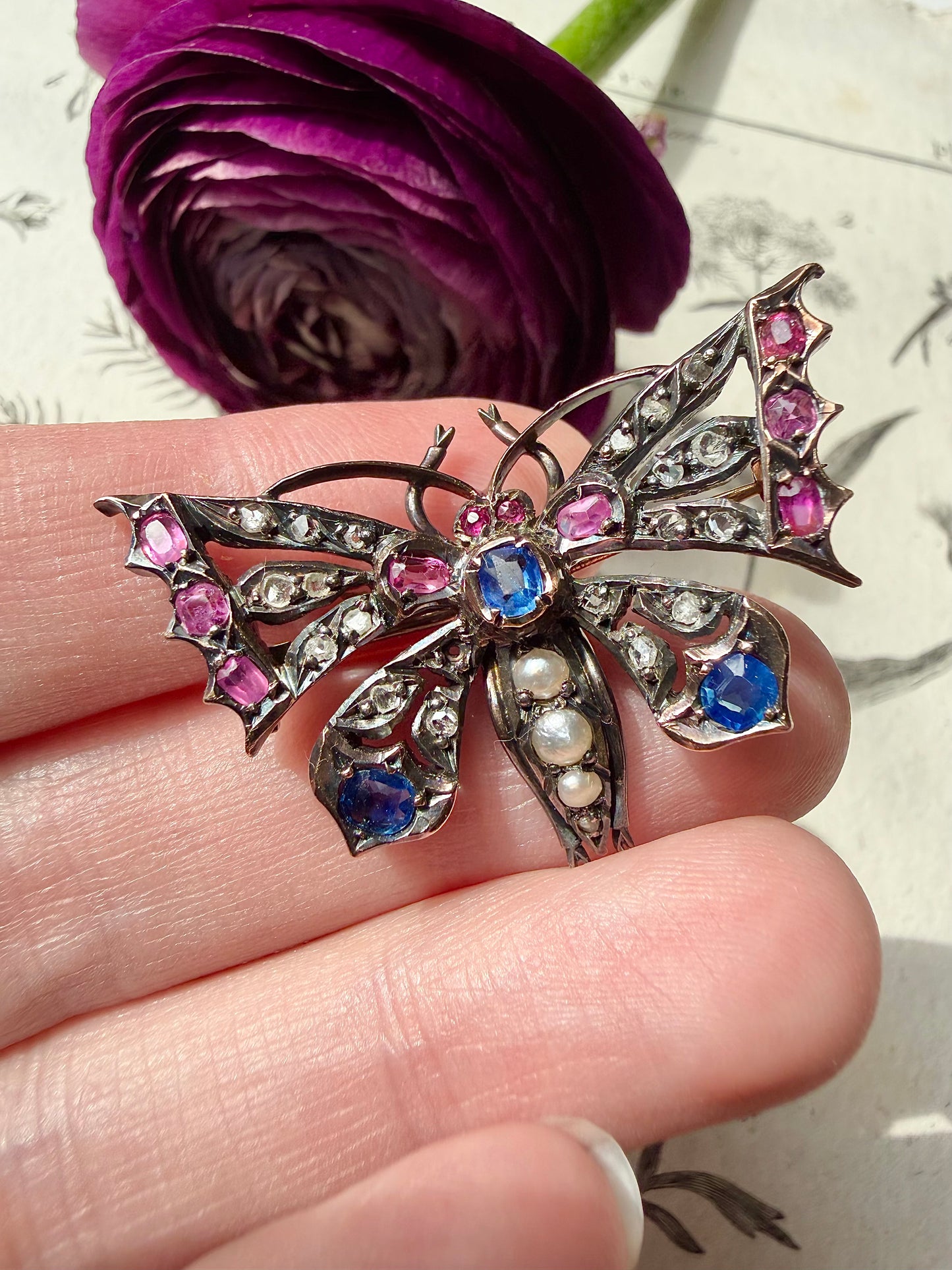 ANTIQUE • Victorian 14k Silver-Topped Yellow Gold Butterfly w/ Blue & Pink Sapphires, Diamonds & Sea Pearls Brooch Pendant