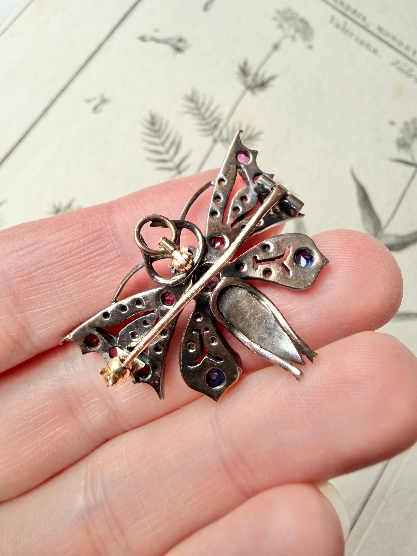 ANTIQUE • Victorian 14k Silver-Topped Yellow Gold Butterfly w/ Blue & Pink Sapphires, Diamonds & Sea Pearls Brooch Pendant