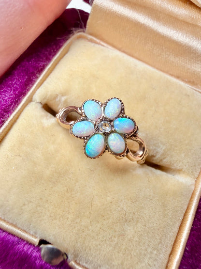 ANTIQUE • Art Nouveau 14k Yellow Gold w/ Australian Opal & Rose Cut Diamond Flower Ring