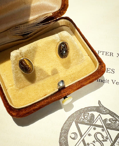 VINTAGE • Retro 14k Yellow Gold Tiger Eye Scarab Stud Earrings