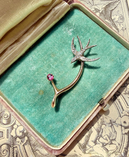 ANTIQUE • Victorian 14k Yellow Gold & Silver w/ Old Cut Diamonds & Rubies Wishbone Swallow Brooch