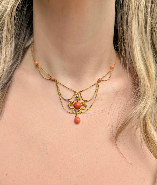 ANTIQUE • Art Nouveau 14k Yellow Gold w/ Natural Coral & Diamond Festoon Necklace