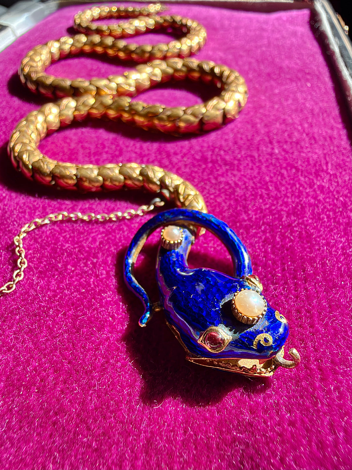 ANTIQUE • Victorian 20k Yellow Gold w/ Enamel Pearls & Ruby Snake Necklace