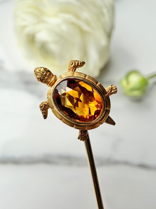 ANTIQUE • Art Nouveau 14k Yellow Gold w/ Madeira Citrine Turtle Stickpin