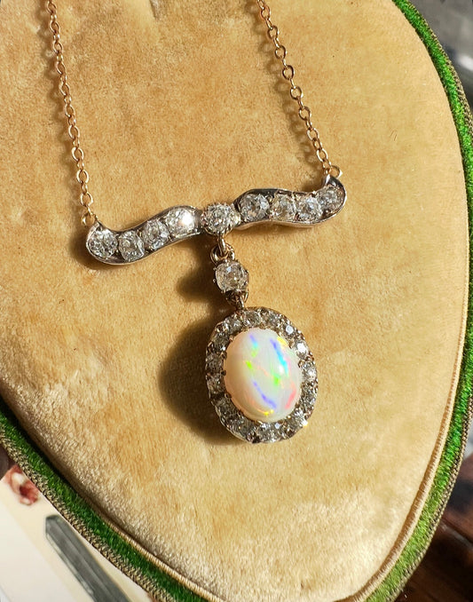 ANTIQUE • Victorian 14k Silver-Topped Gold Old Mine Cut Diamond & Opal Necklace