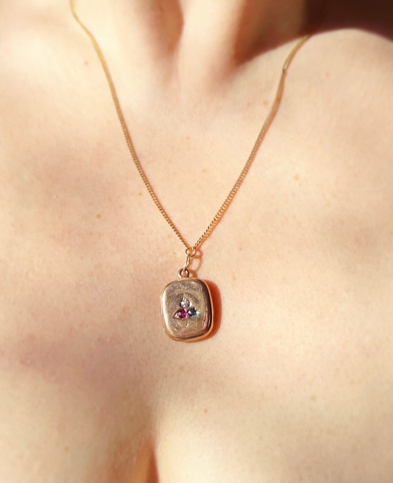 ANTIQUE • Victorian 10k Rose Gold Picture Locket Necklace w/ Old Cut Diamond, Sapphire & Ruby Club Symbol