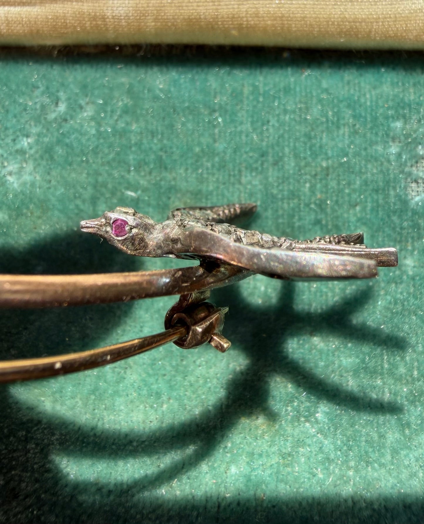 ANTIQUE • Victorian 14k Yellow Gold & Silver w/ Old Cut Diamonds & Rubies Wishbone Swallow Brooch