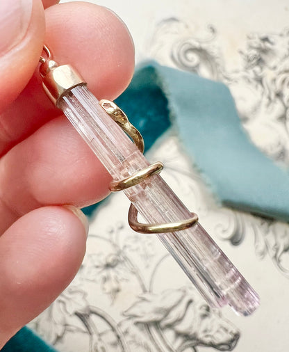 OJ ORIGINAL • 14k Yellow Gold Snake Wrapped Natural Pink Tourmaline Crystal Pendant