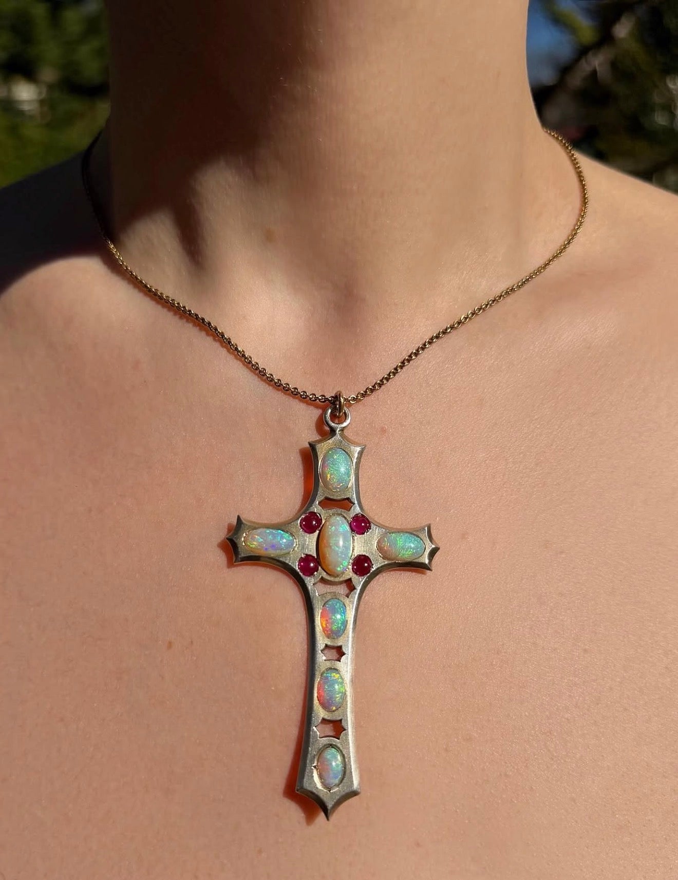ANTIQUE • Art Nouveau Silver-Low Karat Gold w/ Australian Opal & Ruby Cross Pendant