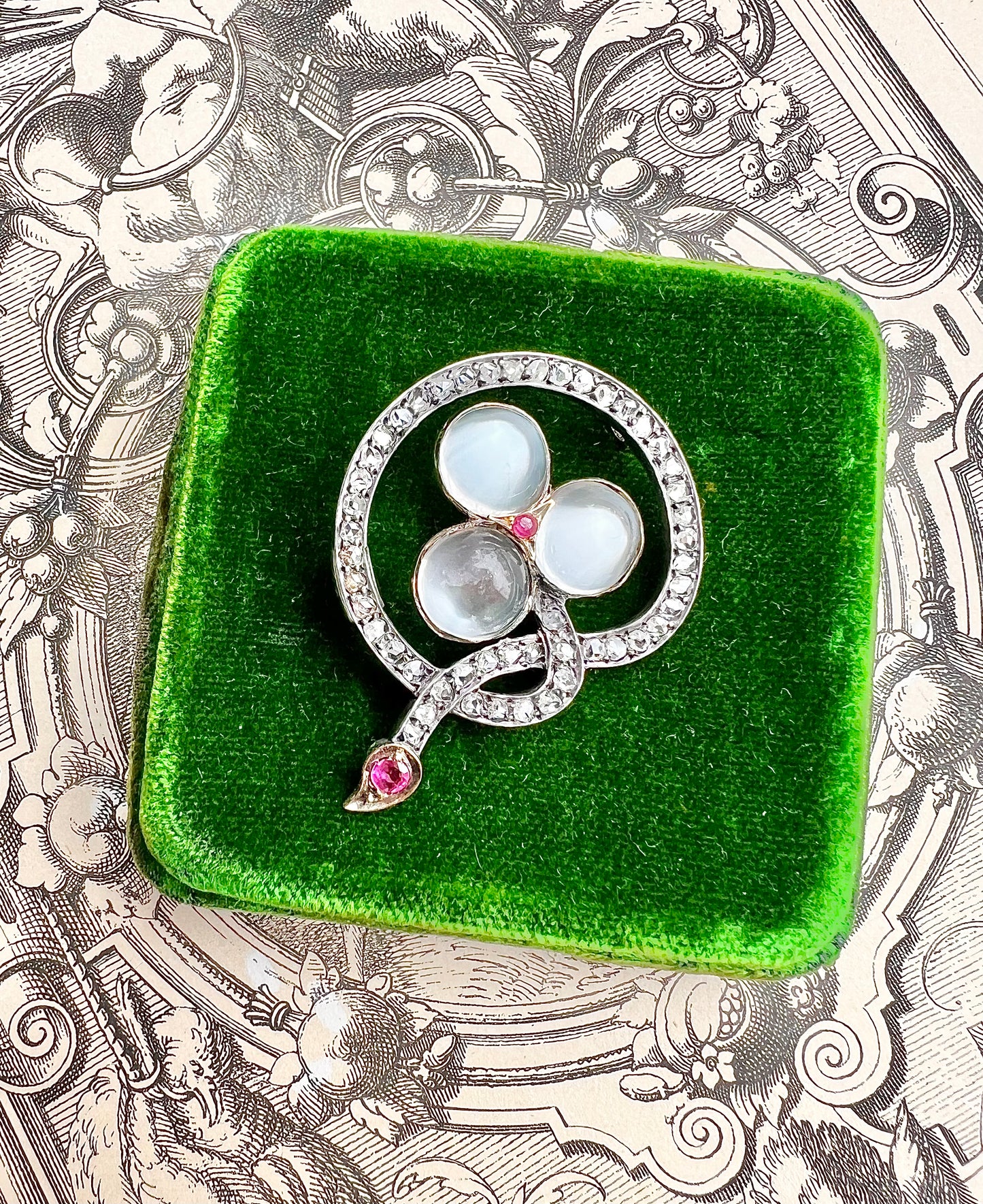 ANTIQUE • Victorian French 18k Rosy Gold Trefoil Brooch w/ Moonstones, Rose Cut Diamonds & Rubies