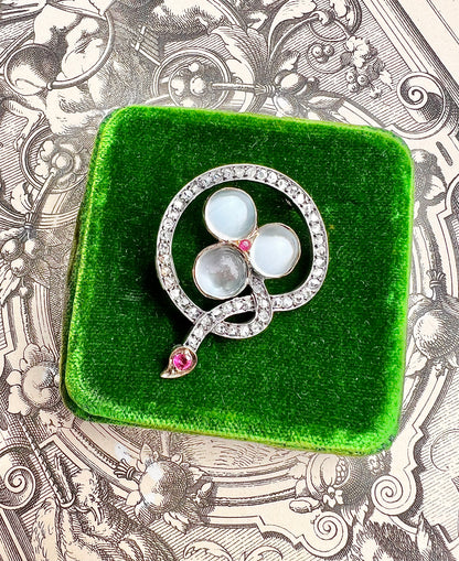 ANTIQUE • Victorian French 18k Rosy Gold Trefoil Brooch w/ Moonstones, Rose Cut Diamonds & Rubies