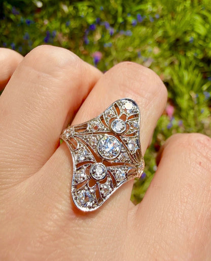 ANTIQUE • Edwardian Platinum Ring w/ Old European & Old Mine Cut Diamonds