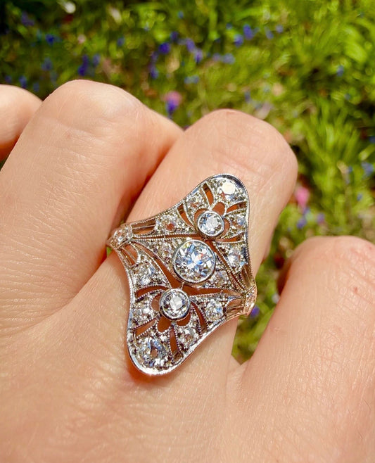 ANTIQUE • Edwardian Platinum Ring w/ Old European & Old Mine Cut Diamonds