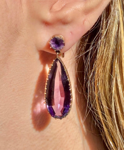 ANTIQUE • Georgian 9-14k Yellow Gold Amethyst Teardrop Earrings