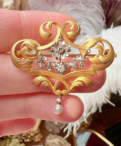 ANTIQUE • Art Nouveau French 18k Yellow Gold & Platinum w/ Diamonds Scroll Brooch Pendant