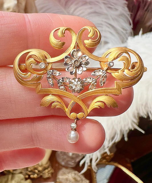 ANTIQUE • Art Nouveau French 18k Yellow Gold & Platinum w/ Diamonds Scroll Brooch Pendant